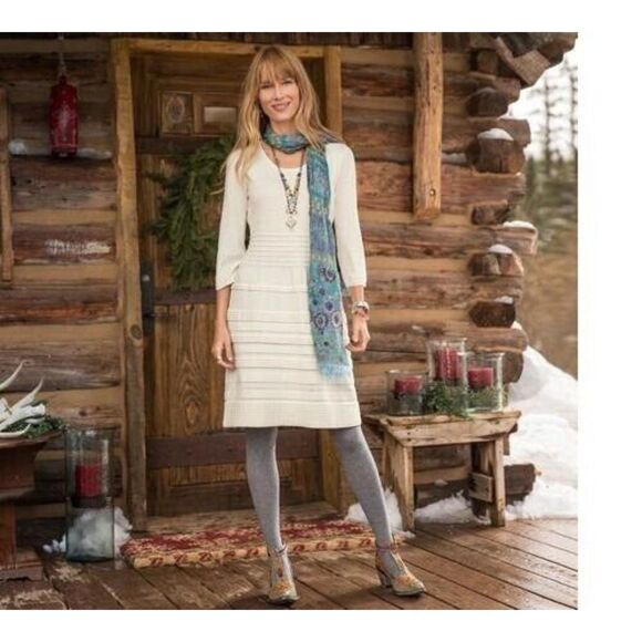 SUNDANCE Cream Silk Blend Sculptured Delight 3/4 Sleeve Sweater Dress Size Large - Picture 1 of 7
